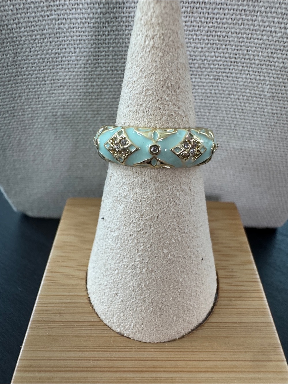 Gold-Tone Mint Enamel Dome Ring with Crystal Accents